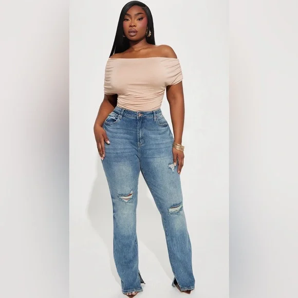 Fashion Nova “Baddest One Around” Medium Wash Distressed Boot Leg Jeans - Picture 1 of 5